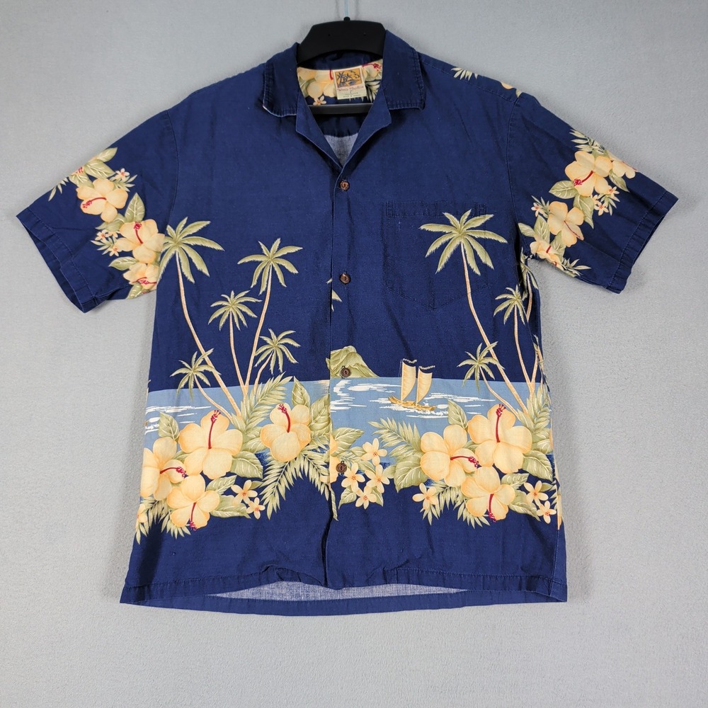 Winnie Fashion Hawaiian Shirt Mens L Blue Floral Palm Tree Aloha Luau Beach